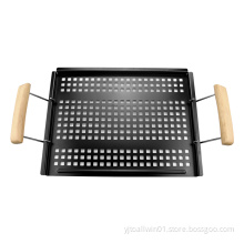 Wooden Handle Non-Stick Coating Grill Basket Stainless Steel
